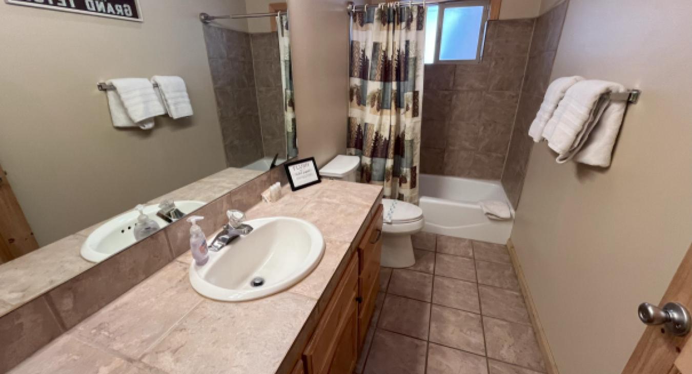 Second bathroom with tub shower combo and vanity at Yellowstone Log Cabin Island Park Idaho