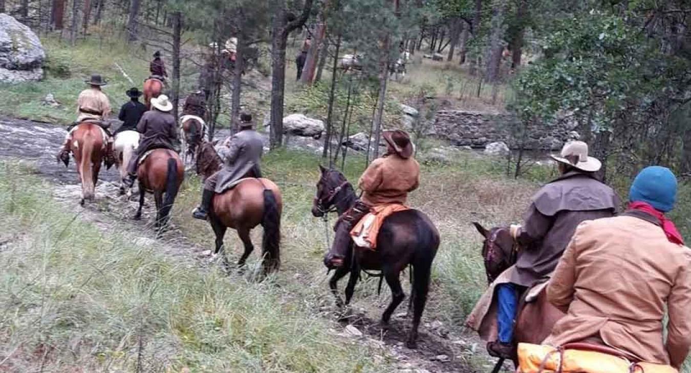 Large group trail ride through pine forest at Haviland's Old West Adventures Island Park Idaho