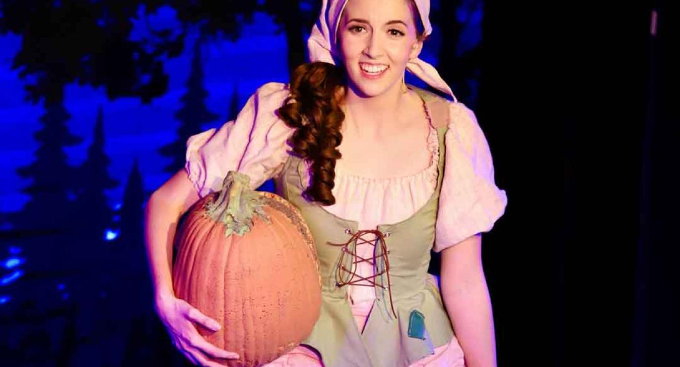 Here are the alt tags for all four:   Playmill Theatre actress in Cinderella costume holding pumpkin on stage in Island Park Idaho